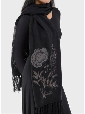 Killstar Rosethorn Embroidered Floral Black Fringe Scarf